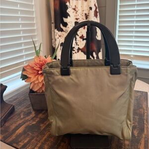 Prada Sage Green Nylon Tote with Black Top Handles
